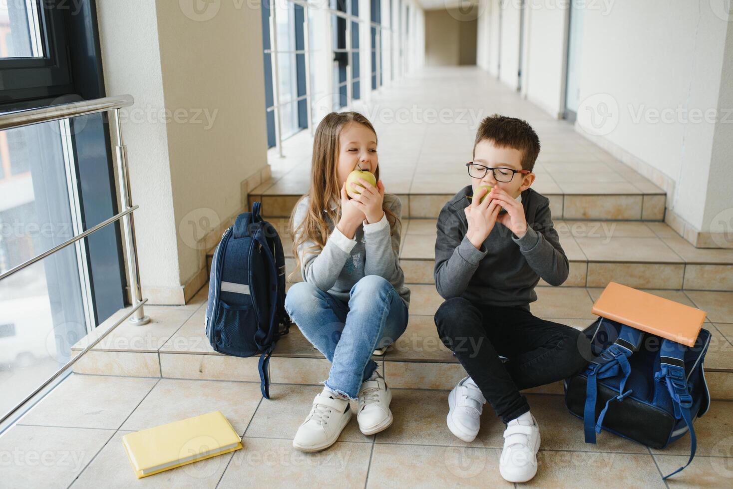 Education is power when selecting food for health. Happy kids take snack break. Nutrition and health education. Healthy eating. Formal education. Private teaching. Education and study. photo