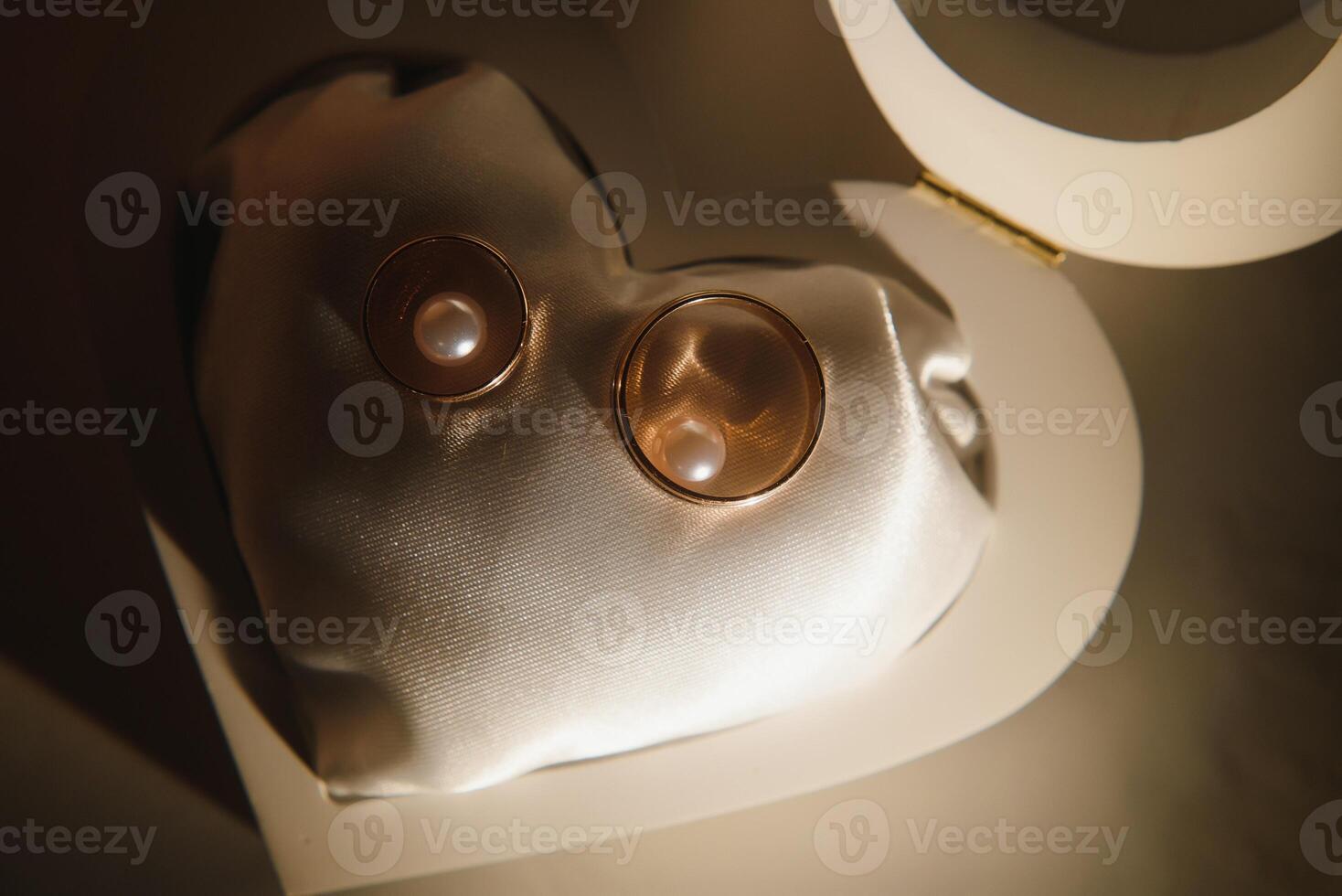 Elegant wedding rings for the bride and groom on a black background with highlights, macro, selective focus. photo