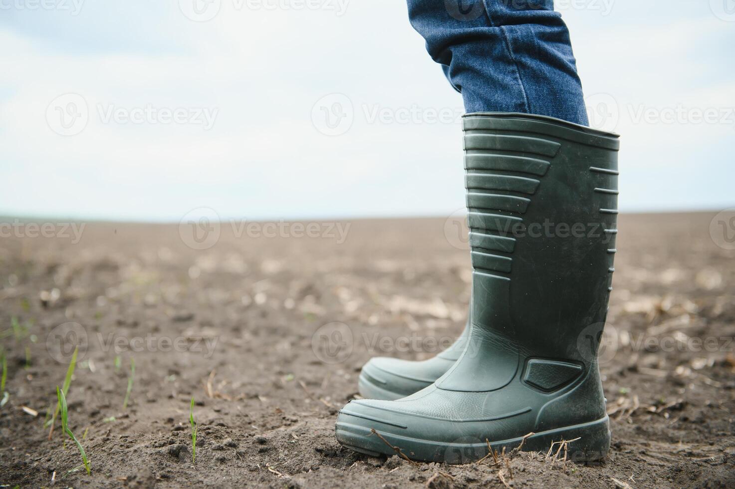A farmer in boots works with his tablet in a field sown in spring. An agronomist walks the earth, assessing a plowed field in autumn. Agriculture. Smart farming technologies photo
