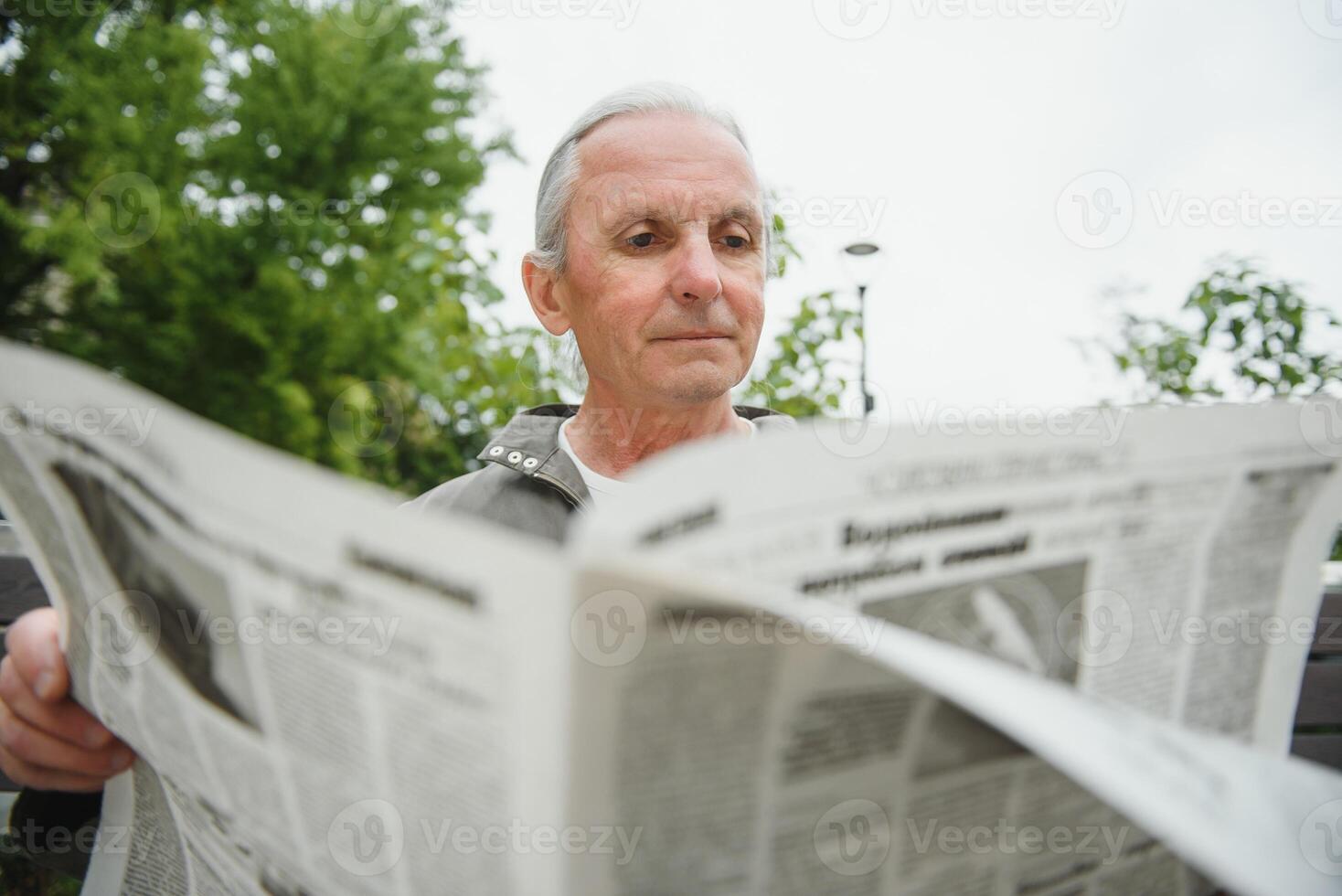 Portrait of senior man reading on bench during summer day. photo