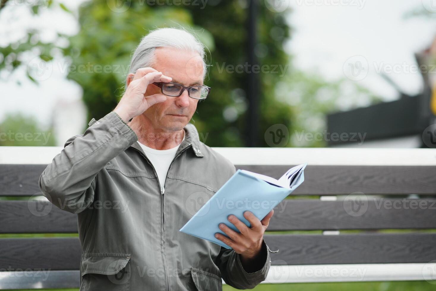 Old gray-haired man rest on the bench in summer park photo