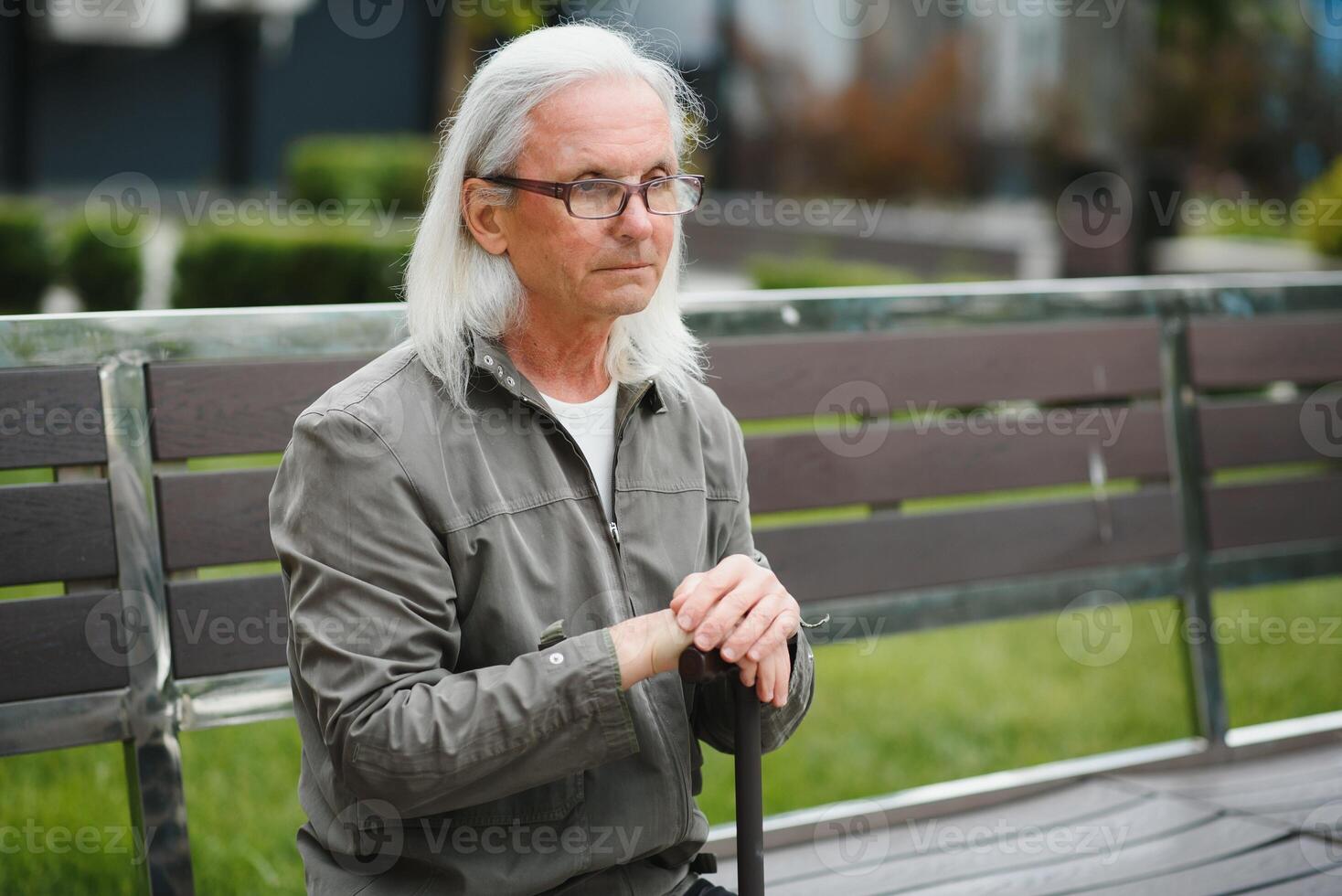 Old gray-haired man rest on the bench in summer park photo