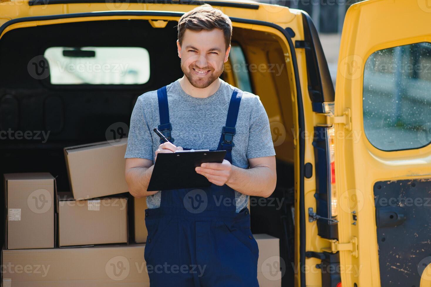 young delivery man courier in uniform hold documents clipboard checking list parcel post boxes near a car for service shipment to customer, Online shopping service concepts. photo