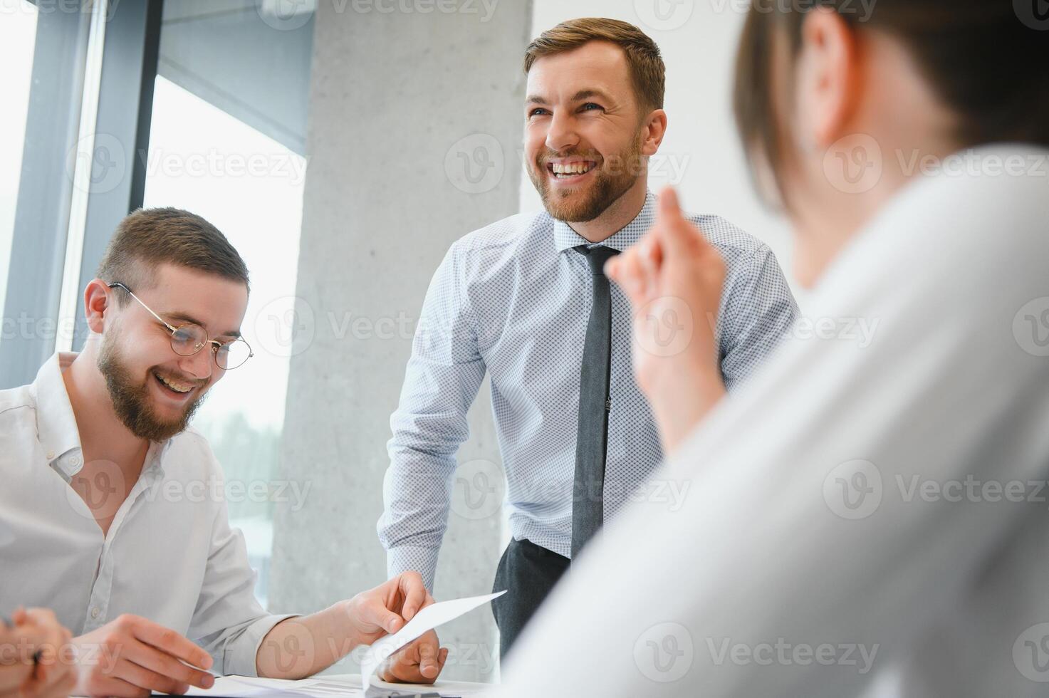 Corporate business team and in a meeting at modern office with big windows . High quality photo