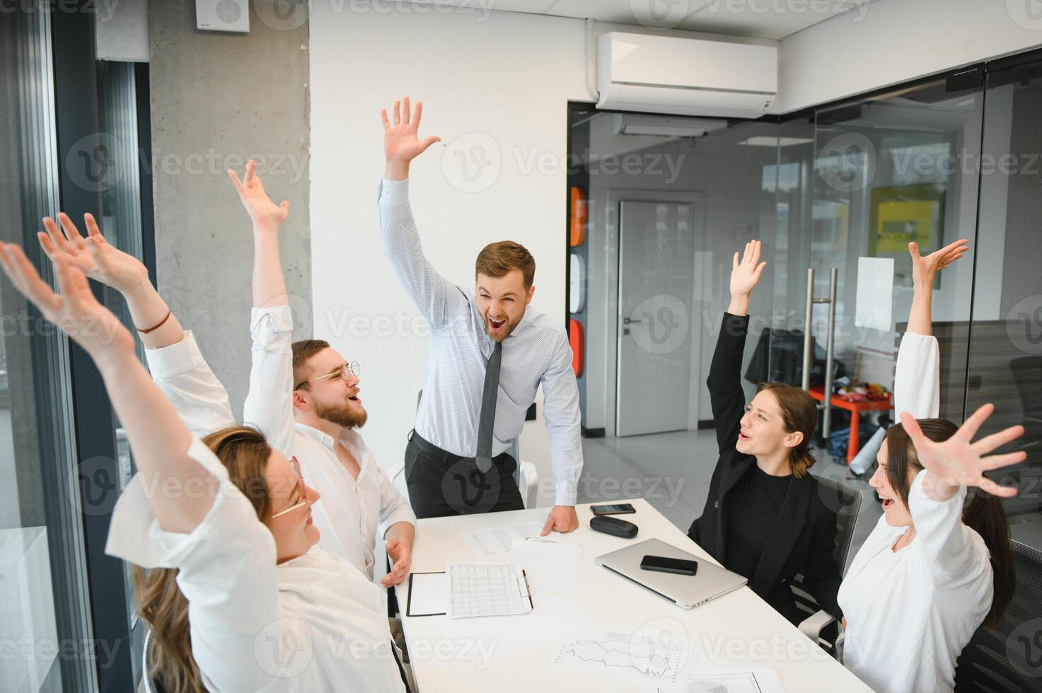 Corporate business team and in a meeting at modern office with big windows . High quality photo
