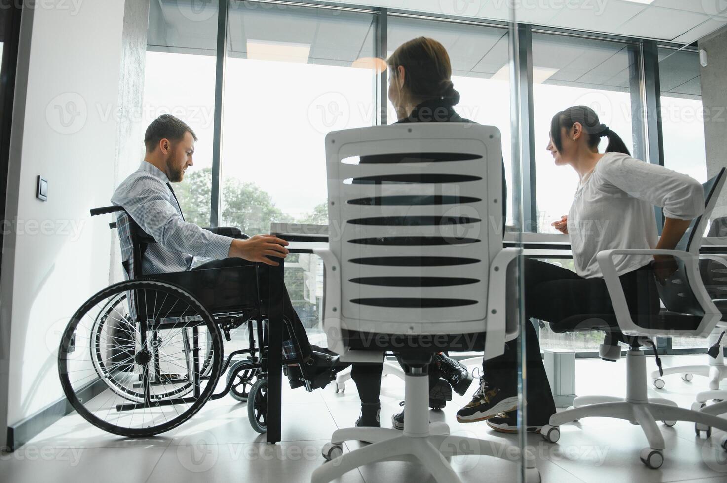 Corporate business team and in a meeting at modern office with big windows . High quality photo