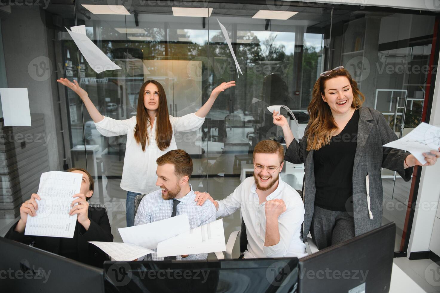 Corporate business team and in a meeting at modern office with big windows . High quality photo