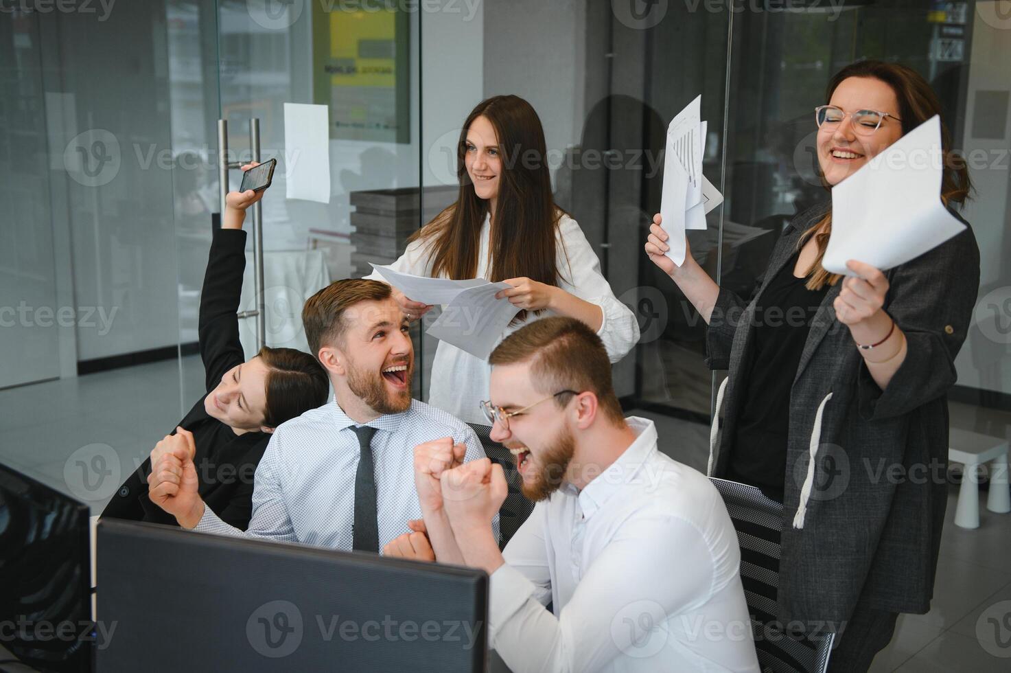 Corporate business team and manager in a meeting room at modern office with panoramic windows. Business concept photo