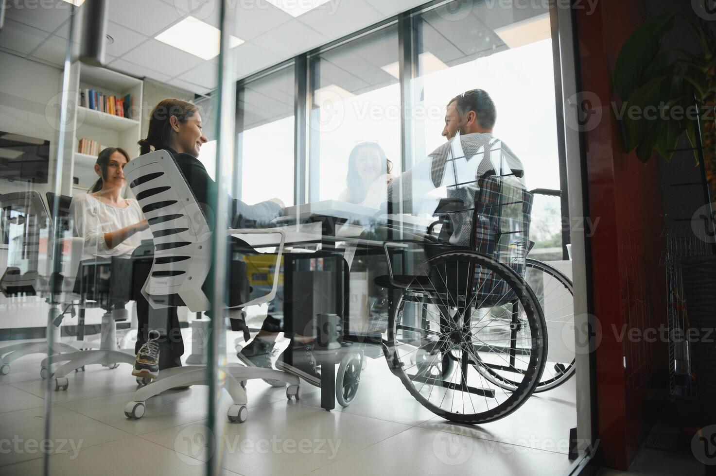 Corporate business team and in a meeting at modern office with big windows . High quality photo