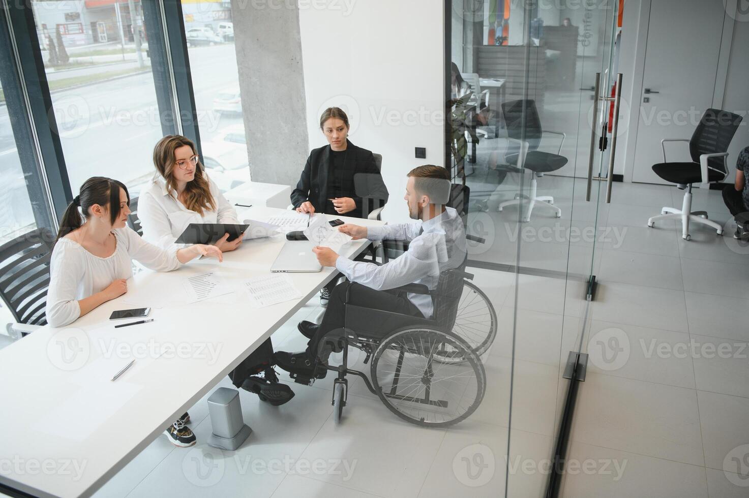 Corporate business team and in a meeting at modern office with big windows . High quality photo