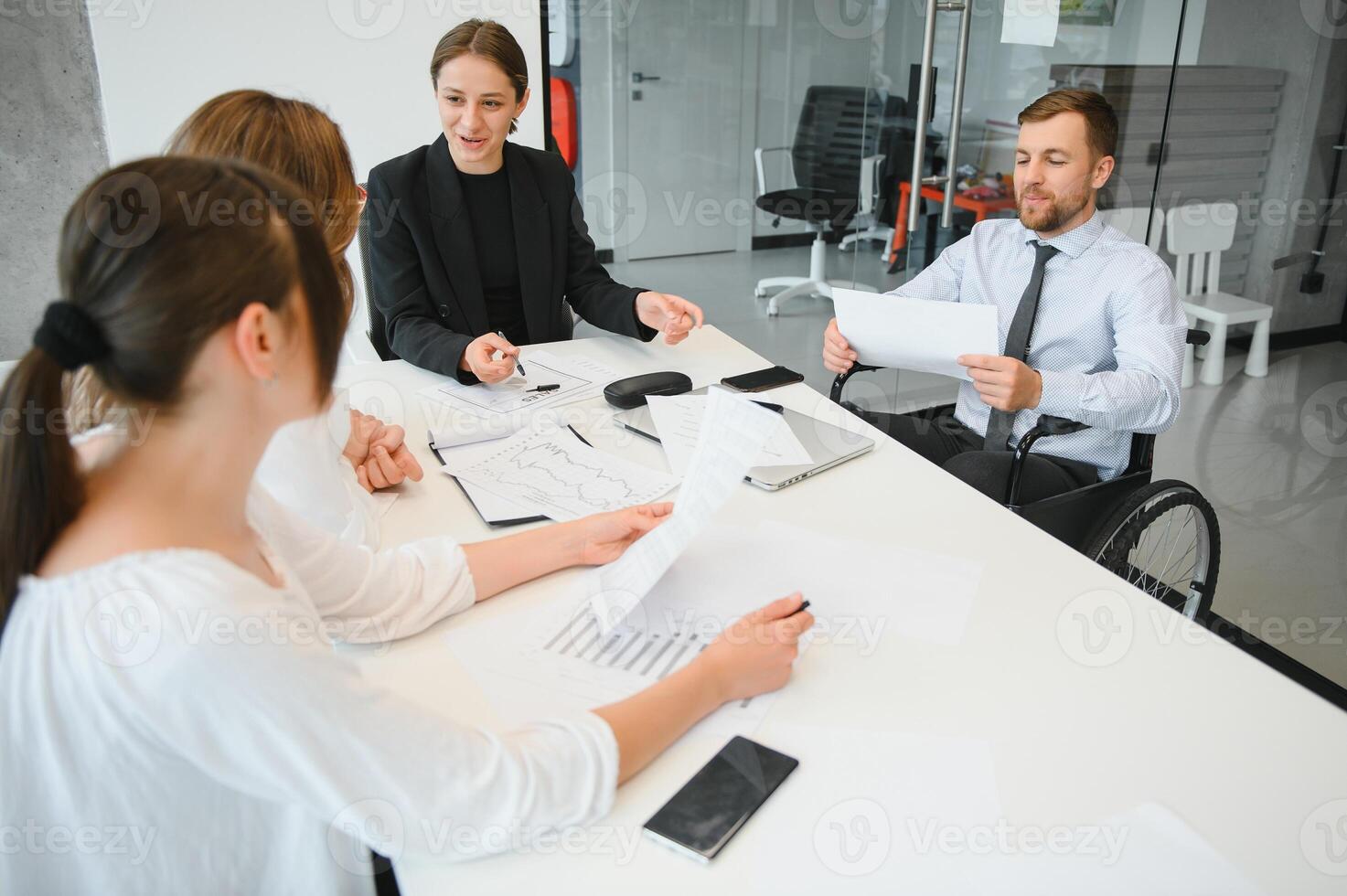 Corporate business team and in a meeting at modern office with big windows . High quality photo
