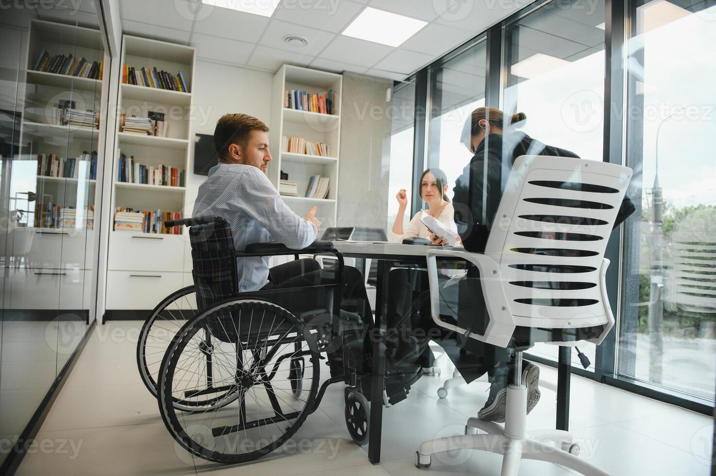 Corporate business team and in a meeting at modern office with big windows . High quality photo