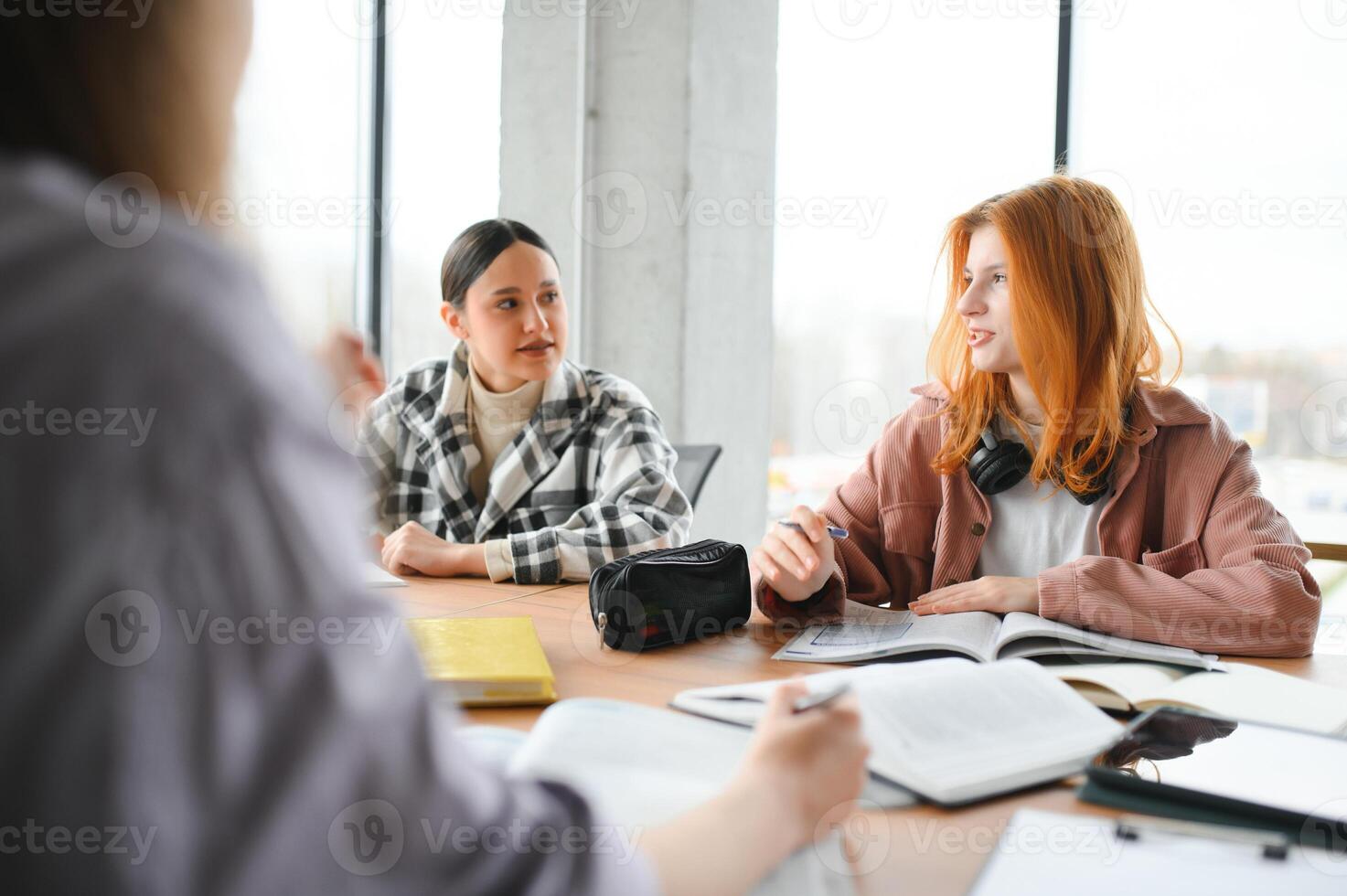 Happy group of friendly students talking, discussing new school project ideas together photo