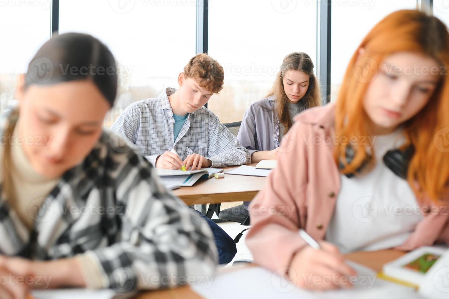 group of young college students in classroom photo