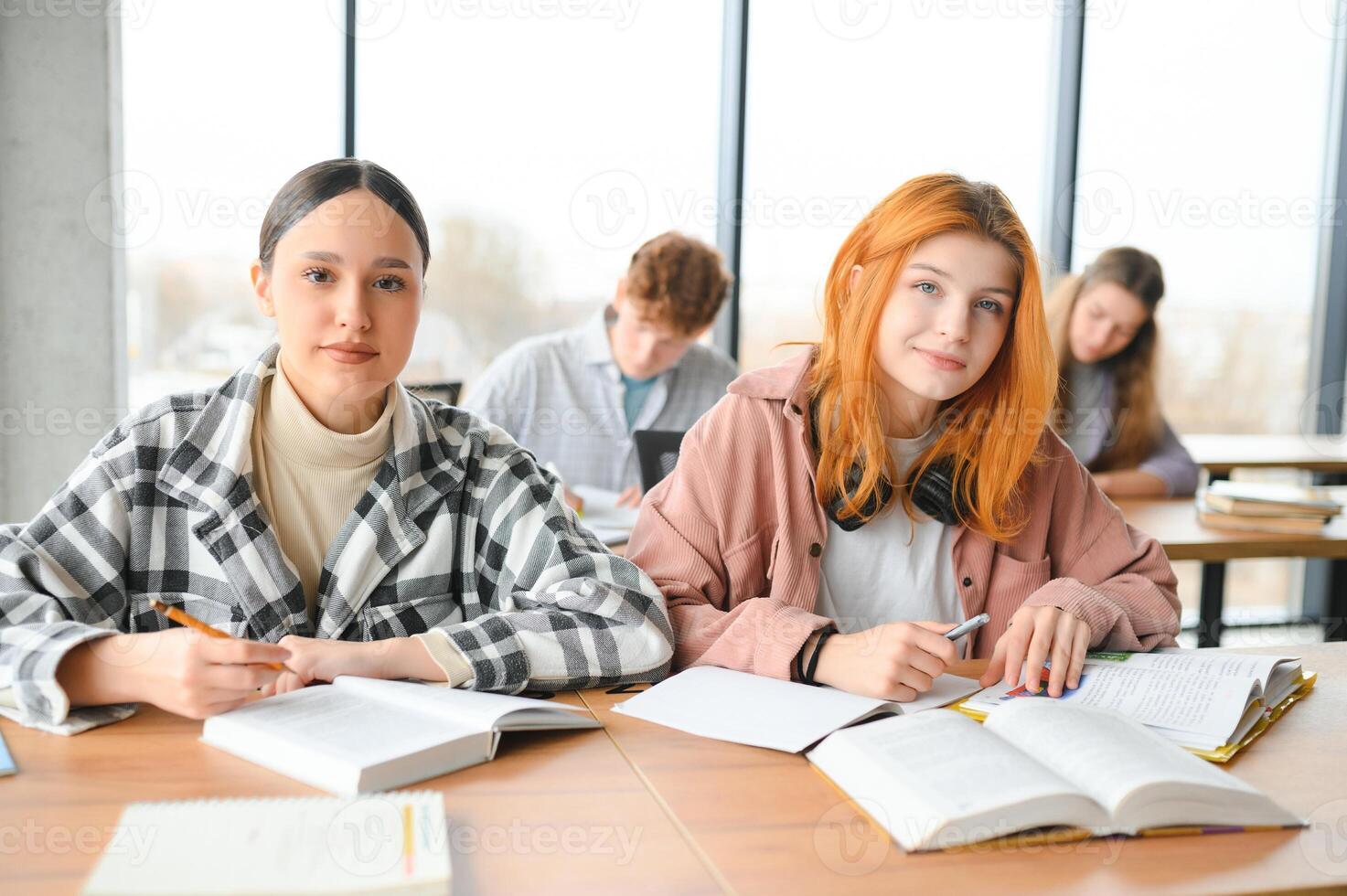 Happy high school students in the classroom photo