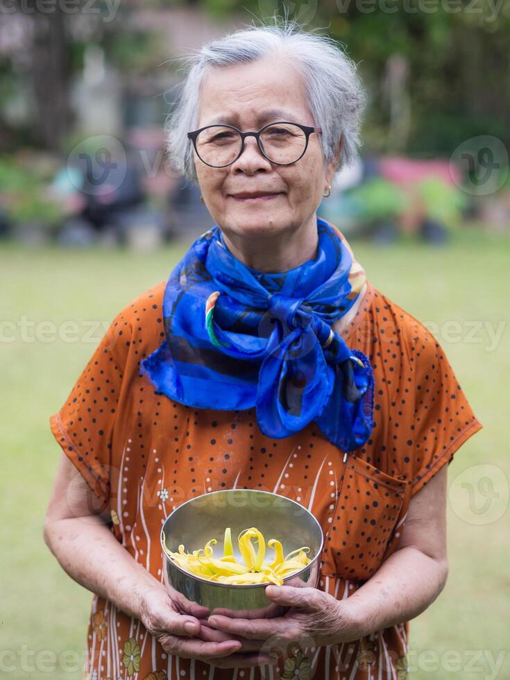 Portrait of an elderly woman wearing eyeglasses, smiling, and looking at the camera while standing in a garden. Space for text. Concept of aged people and healthcare photo
