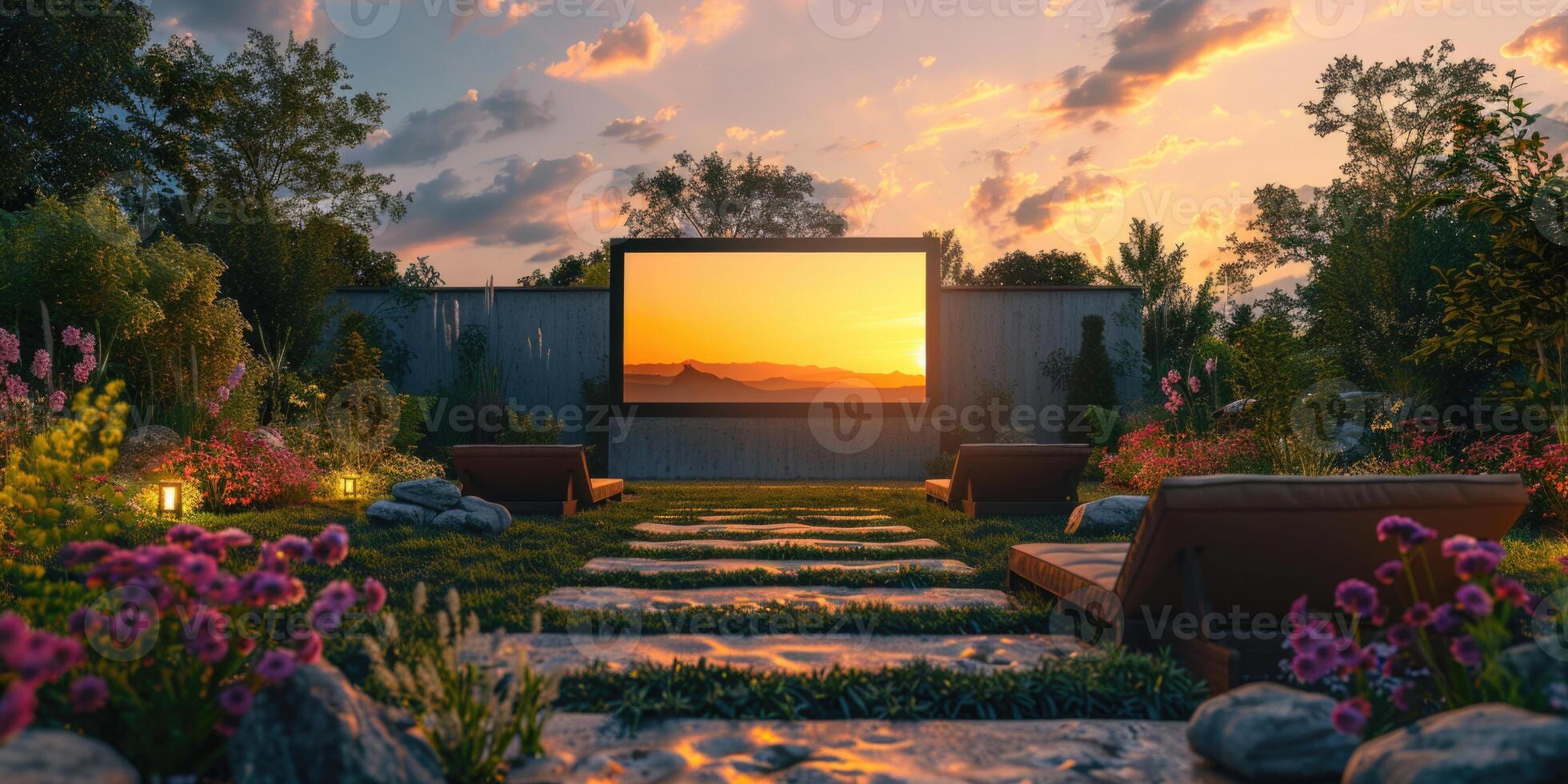 blank white screen outdoors in green grass park. outdoor cinema, big screen show. photo