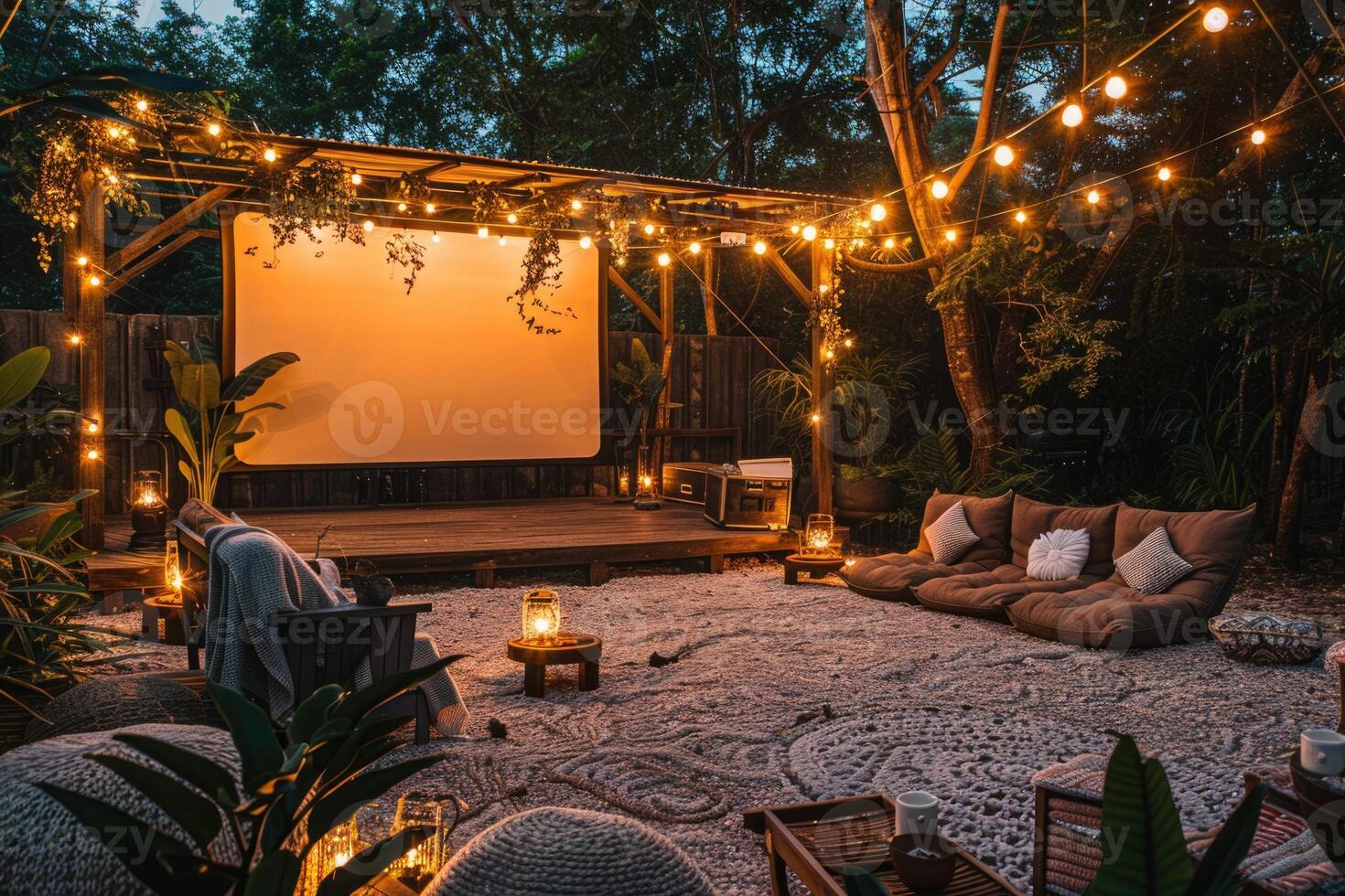 blank white screen outdoors in green grass park. outdoor cinema, big screen show. photo