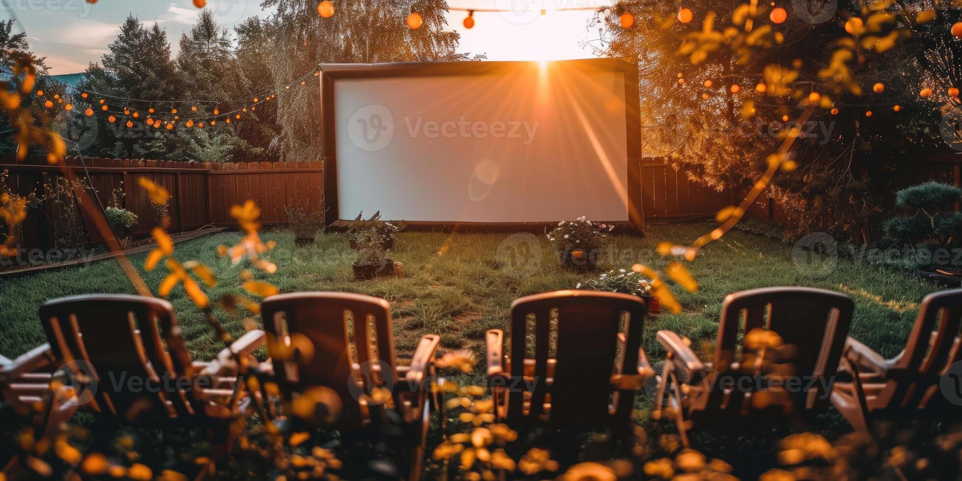 blank white screen outdoors in green grass park. outdoor cinema, big screen show. photo