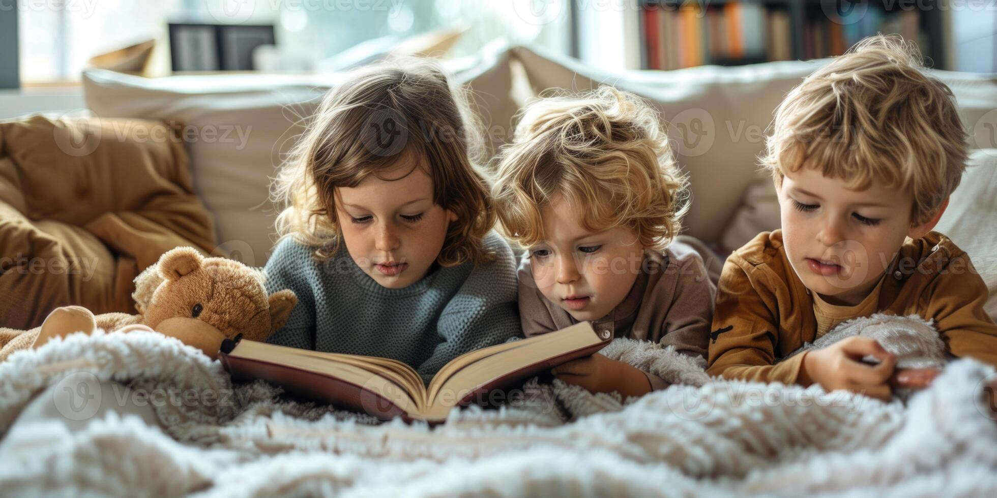Cute children reading a book and smiling while sitting on a sofa in the room. photo