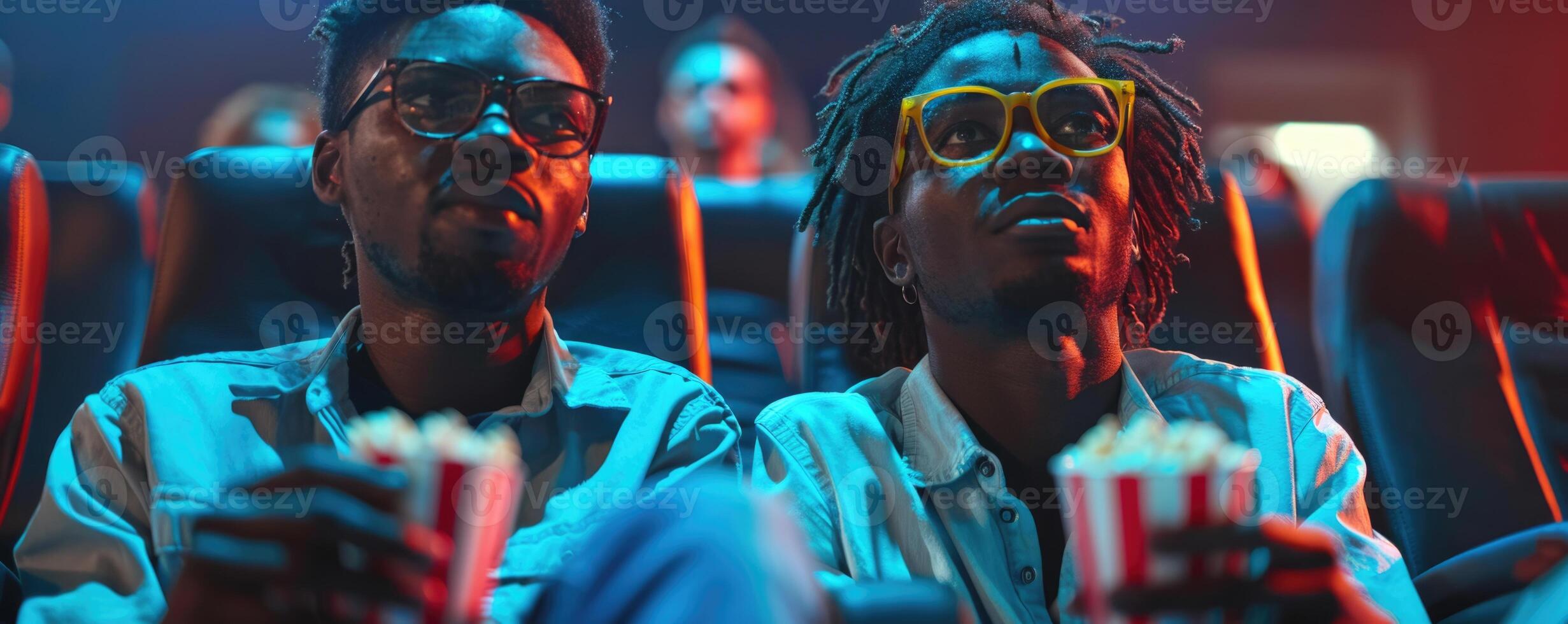 two men watching movie in cinema, eating popcorn. photo