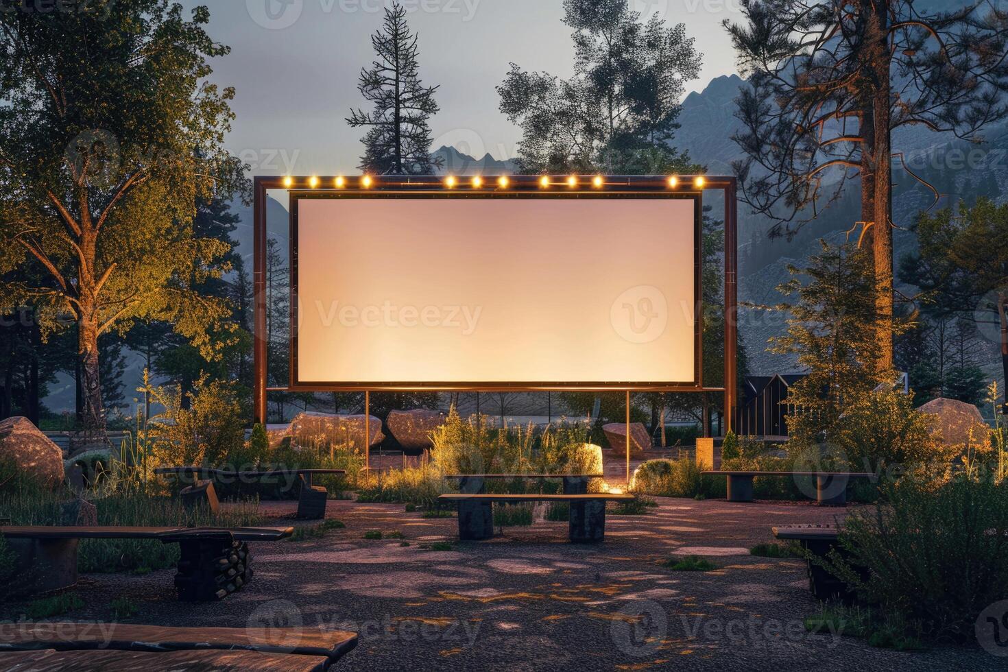 blank white screen outdoors in green grass park. outdoor cinema, big screen show. photo
