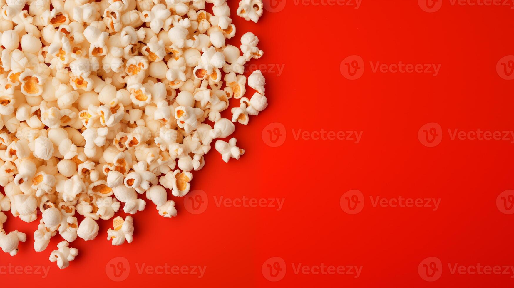 Popcorn scattered on a red background. A classic movie theater snack. View from above. photo