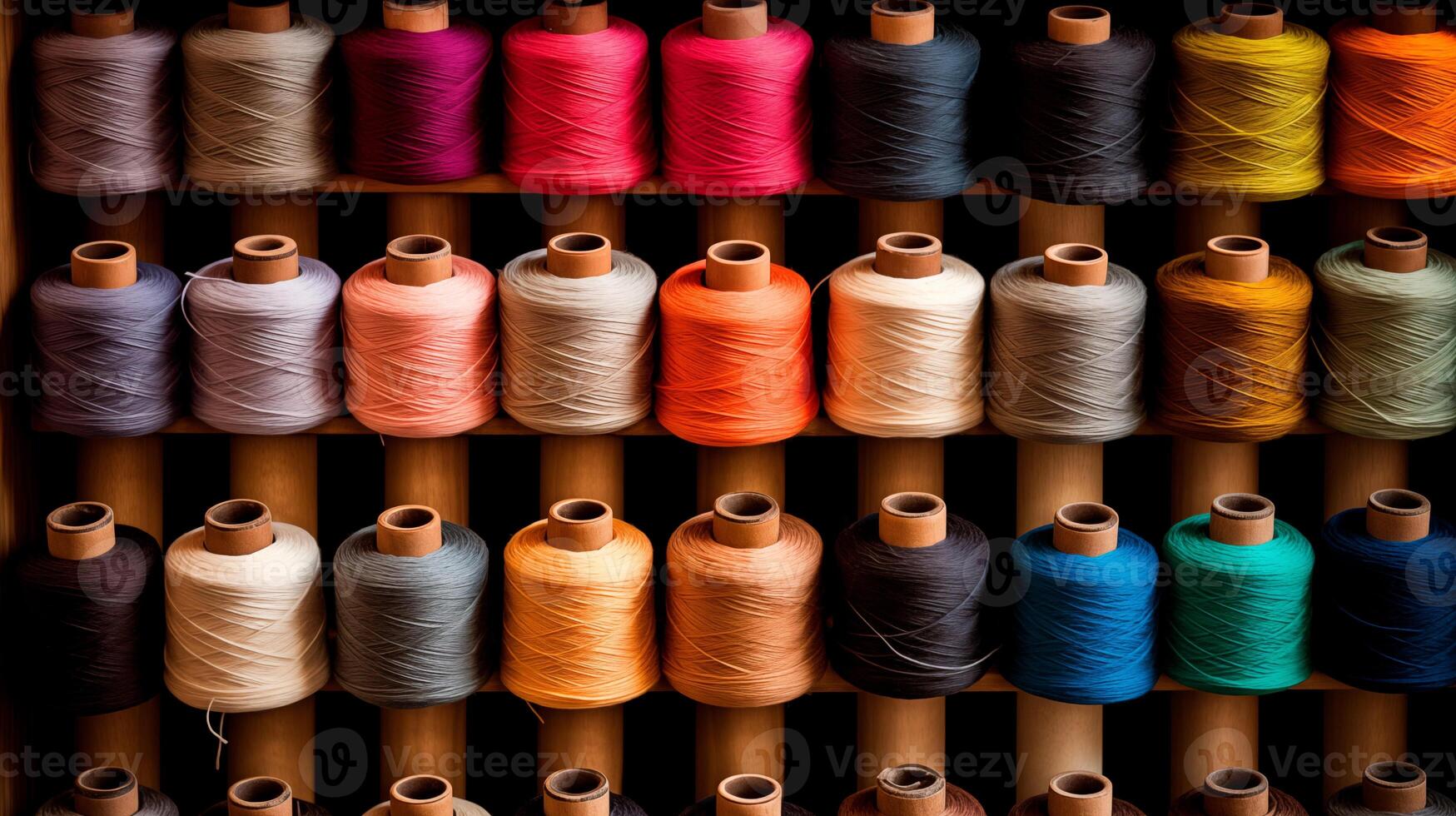 Multicolored yarn spools used in textile industry. Set of colored threads for sewing on coils. Pile of big colorful spools of thread. Colored thread spools of thread large class, textiles, background. photo
