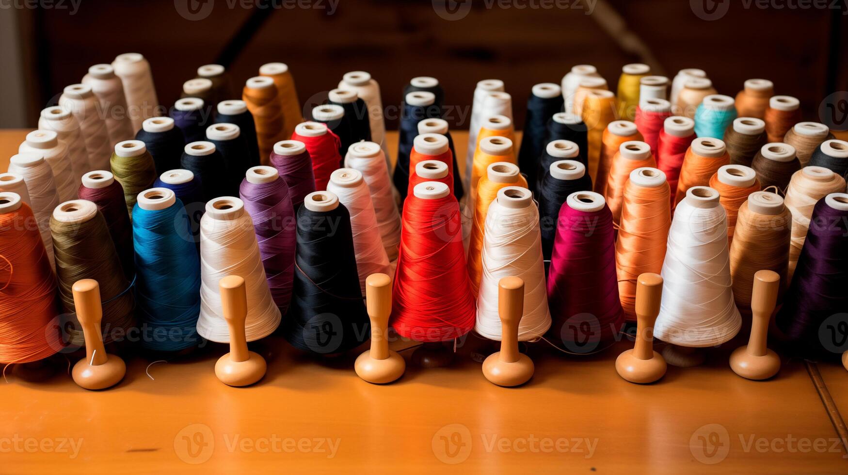 Multicolored yarn spools used in textile industry. Set of colored threads for sewing on coils. Pile of big colorful spools of thread. Colored thread spools of thread large class, textiles, background. photo