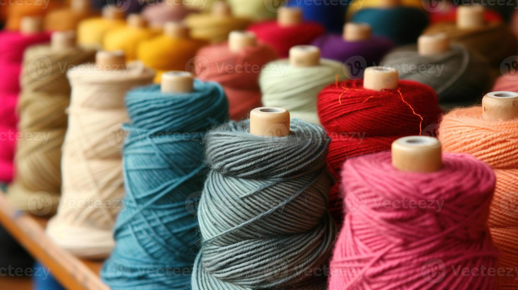 Multicolored yarn spools used in textile industry. Set of colored threads for sewing on coils. Pile of big colorful spools of thread. Colored thread spools of thread large class, textiles, back photo
