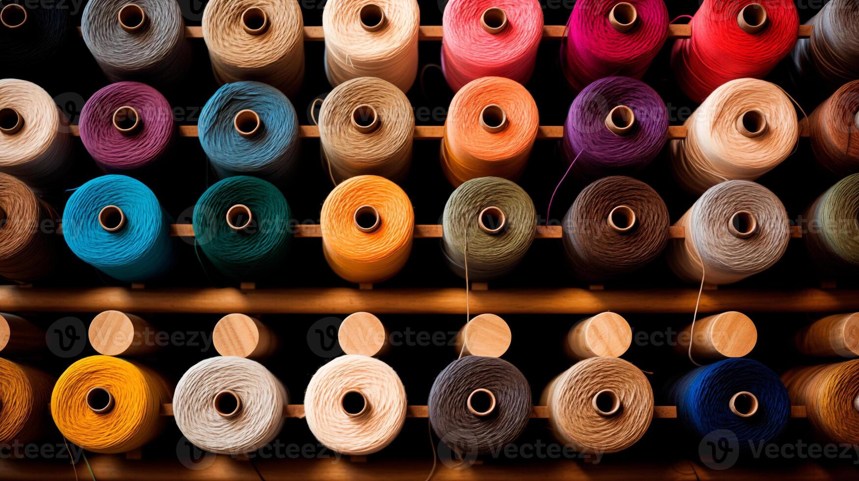 Multicolored yarn spools used in textile industry. Set of colored threads for sewing on coils. photo