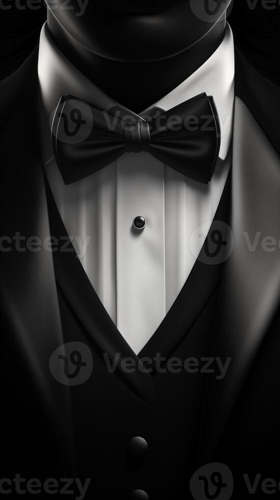 Photorealistic Mens Elegant Tuxedo Suit with Bow Tie. Illustration of Realistic Black Suit. Elegant back. photo