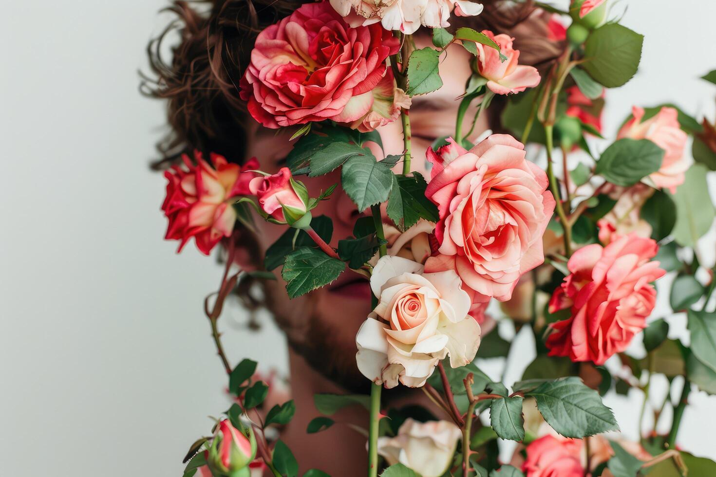 Beautiful young man in roses flowers on white background. photo