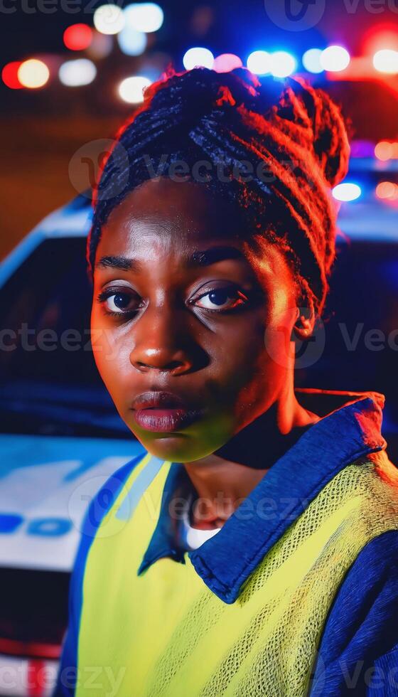 photo of portrait close up view of criminal suspect in crime scene standing in front of police car at night and red blue light,