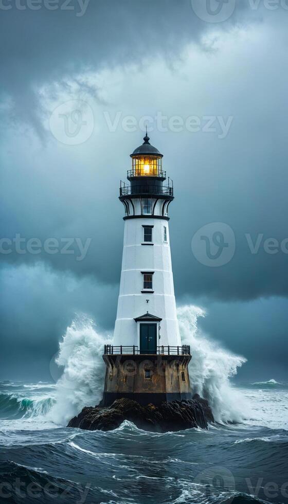 photo of landscape scene solitary lighthouse in ocean environment,