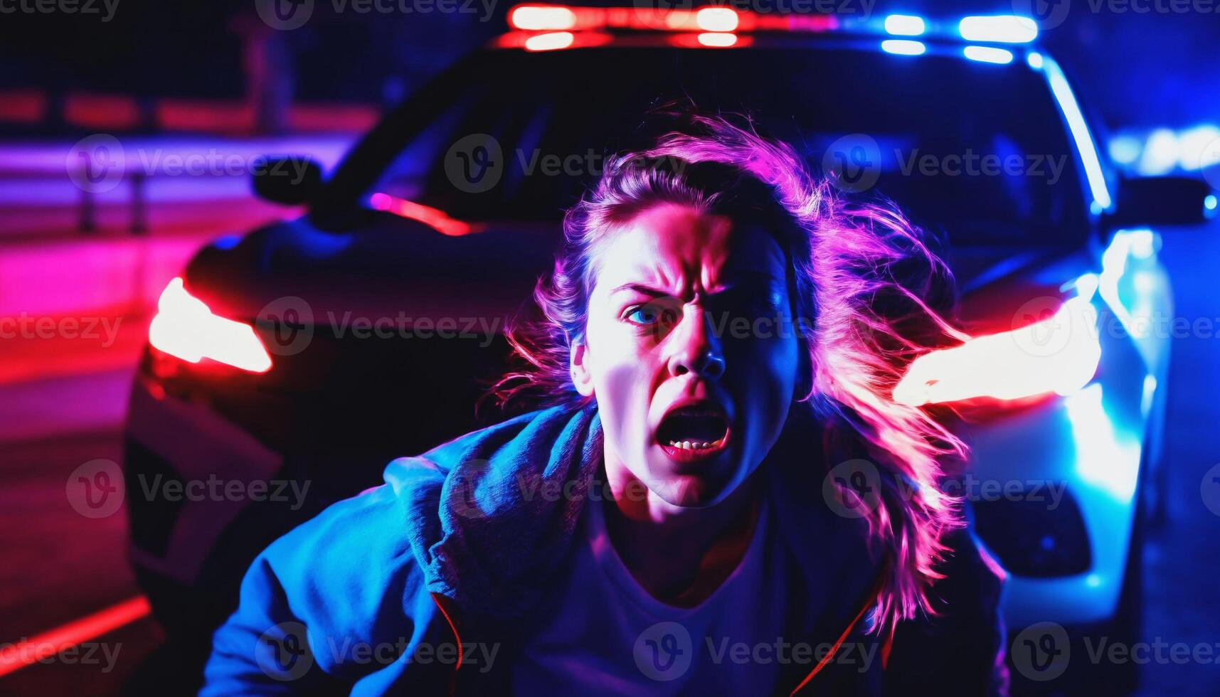 photo of portrait close up view of criminal suspect in crime scene standing in front of police car at night and red blue light,