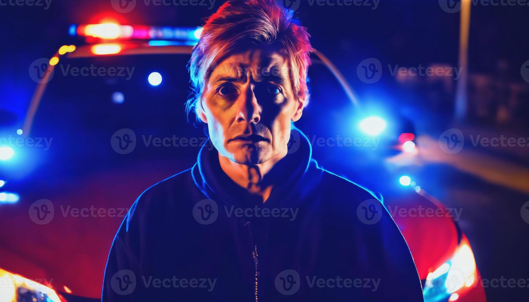 photo of portrait close up view of criminal suspect in crime scene standing in front of police car at night and red blue light,