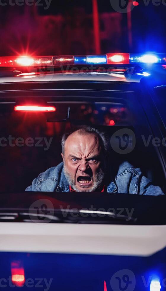 photo of portrait close up view of criminal suspect in crime scene standing in front of police car at night and red blue light,