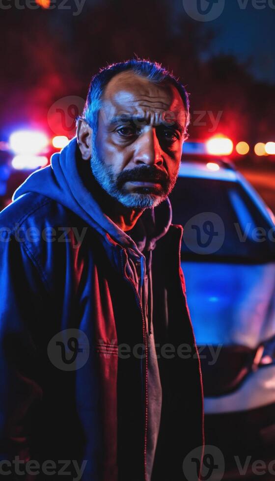 photo of portrait close up view of criminal suspect in crime scene standing in front of police car at night and red blue light,
