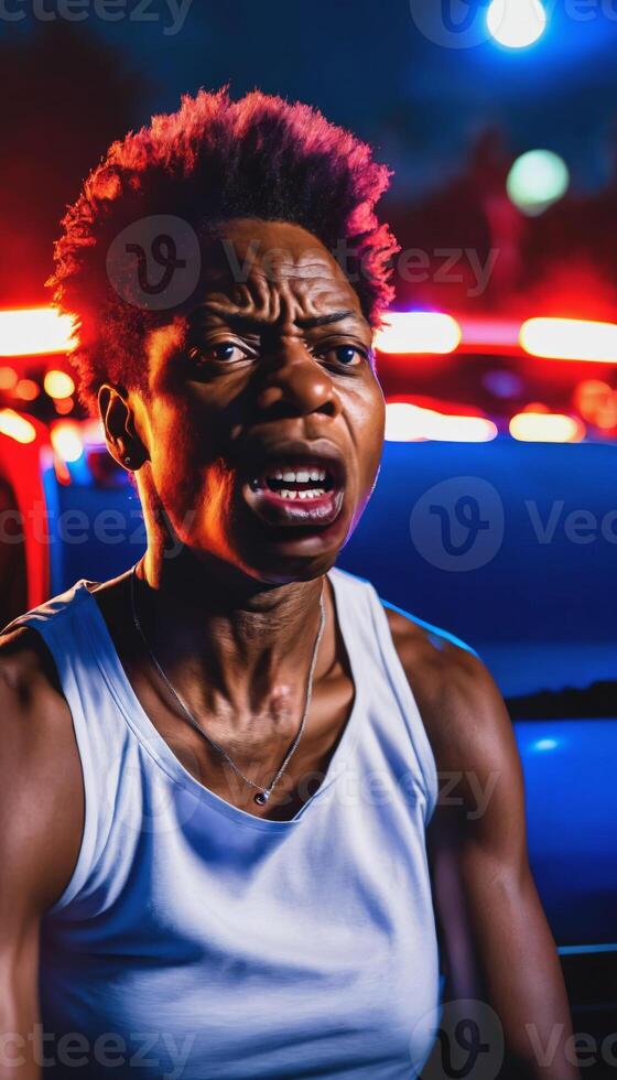 photo of portrait close up view of criminal suspect in crime scene standing in front of police car at night and red blue light,