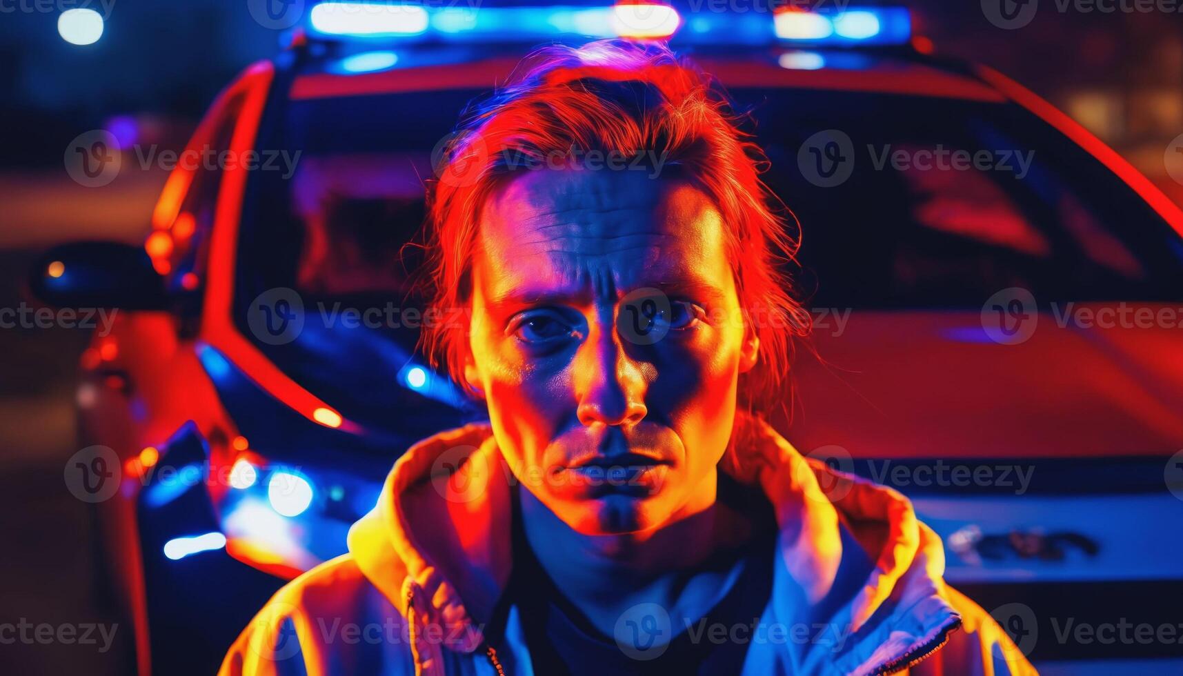 photo of portrait close up view of criminal suspect in crime scene standing in front of police car at night and red blue light,