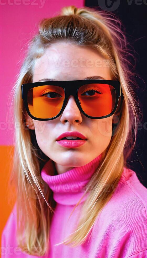 photo of beautiful woman with blonde hair and style sunglasses standing against pink background,