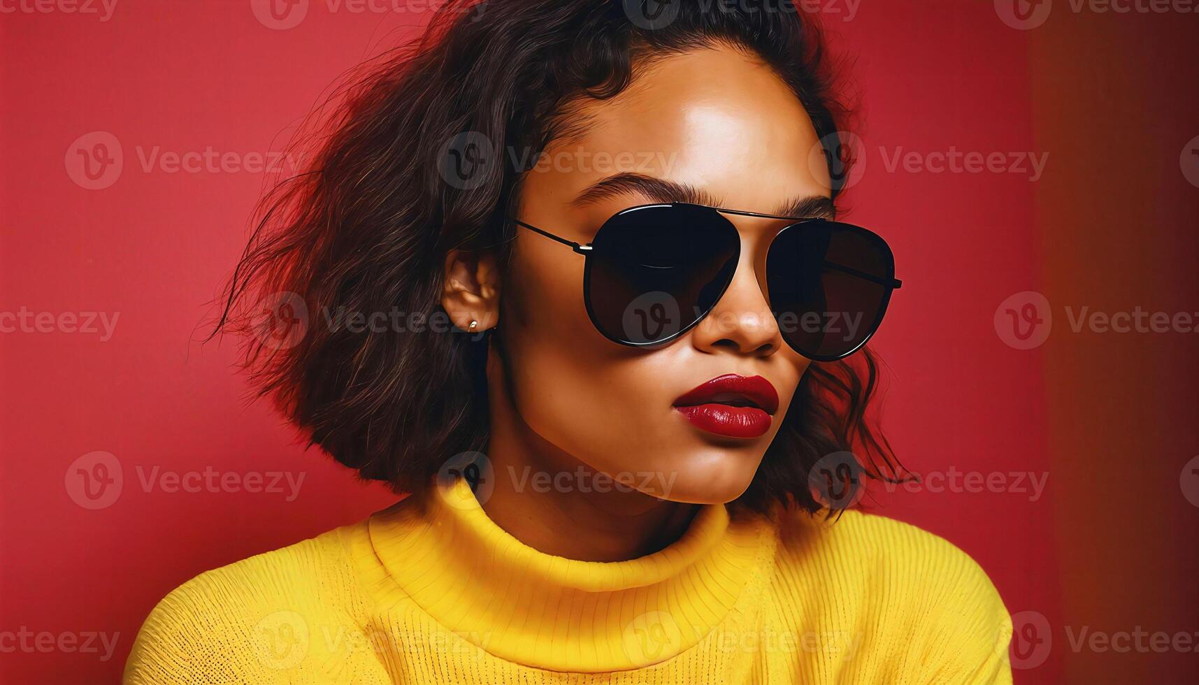 photo of beautiful african woman with style sunglasses standing against red and yellow background,