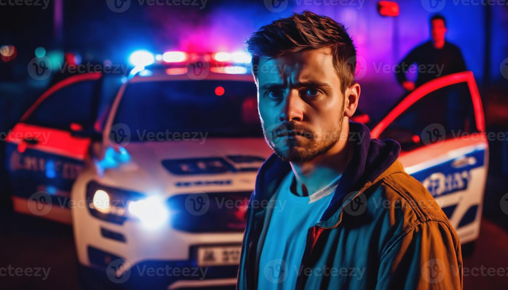 photo of portrait close up view of criminal suspect in crime scene standing in front of police car at night and red blue light,