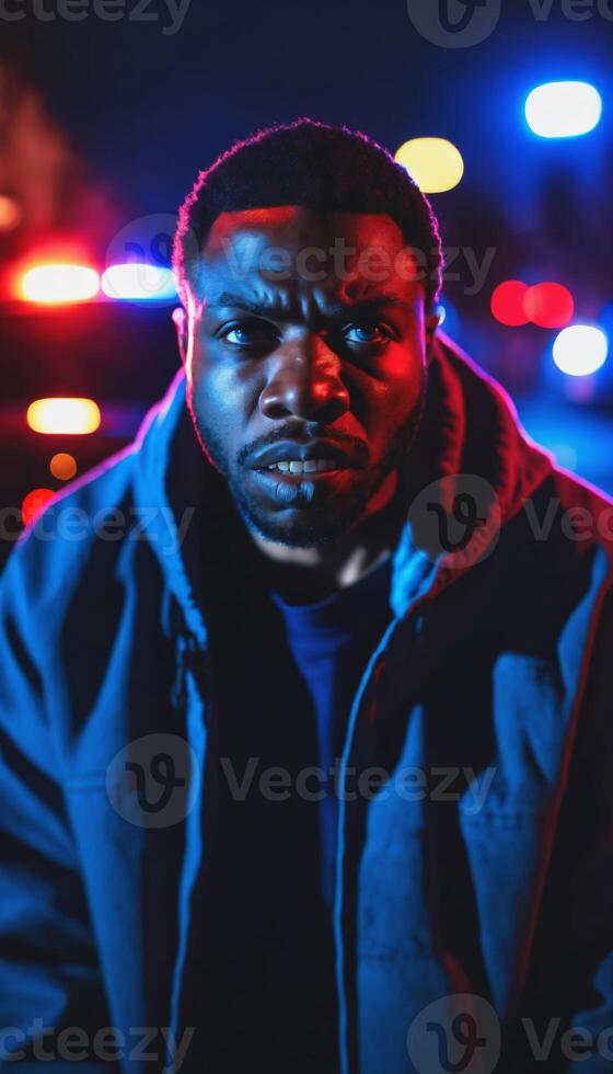photo of portrait close up view of criminal suspect in crime scene standing in front of police car at night and red blue light,