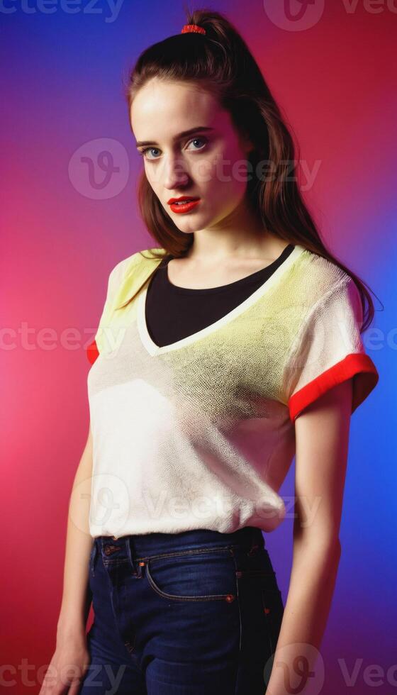 photo of beautiful european woman standing pose with colorful red and blue abstract light ,