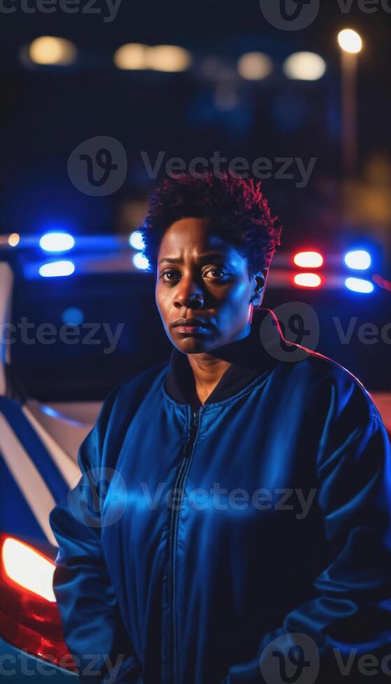 photo of portrait close up view of criminal suspect in crime scene standing in front of police car at night and red blue light,