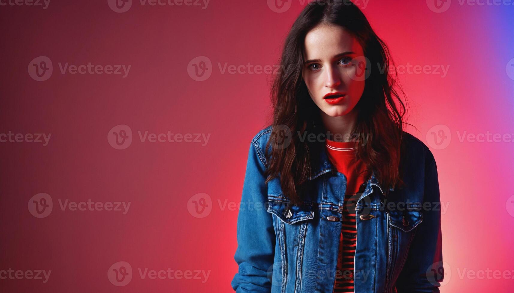 photo of beautiful european woman standing pose with colorful red and blue abstract light ,