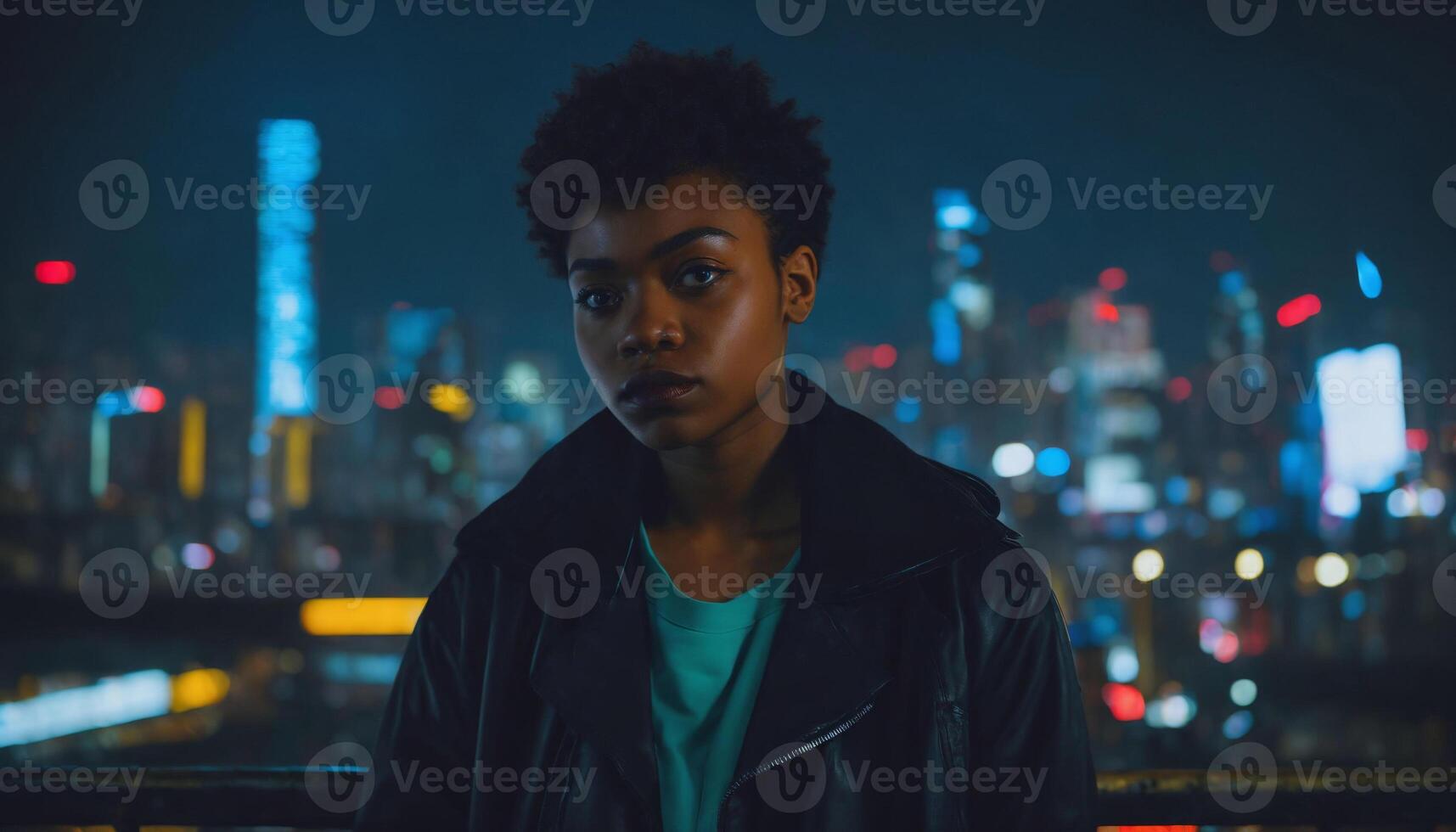 photo of beautiful adult african woman with hood coat standing posing for picture at night future city,