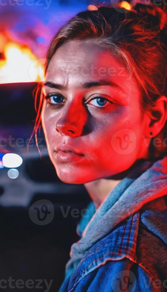photo of portrait close up view of criminal suspect in crime scene standing in front of police car at night and red blue light,